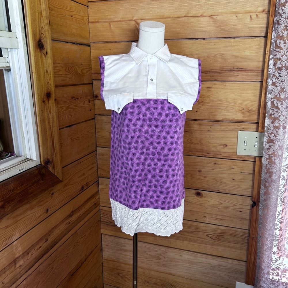 Vintage Western Shirt Dress Womens Medium Purple Floral Upcycled OOAK‎ Lace MWG